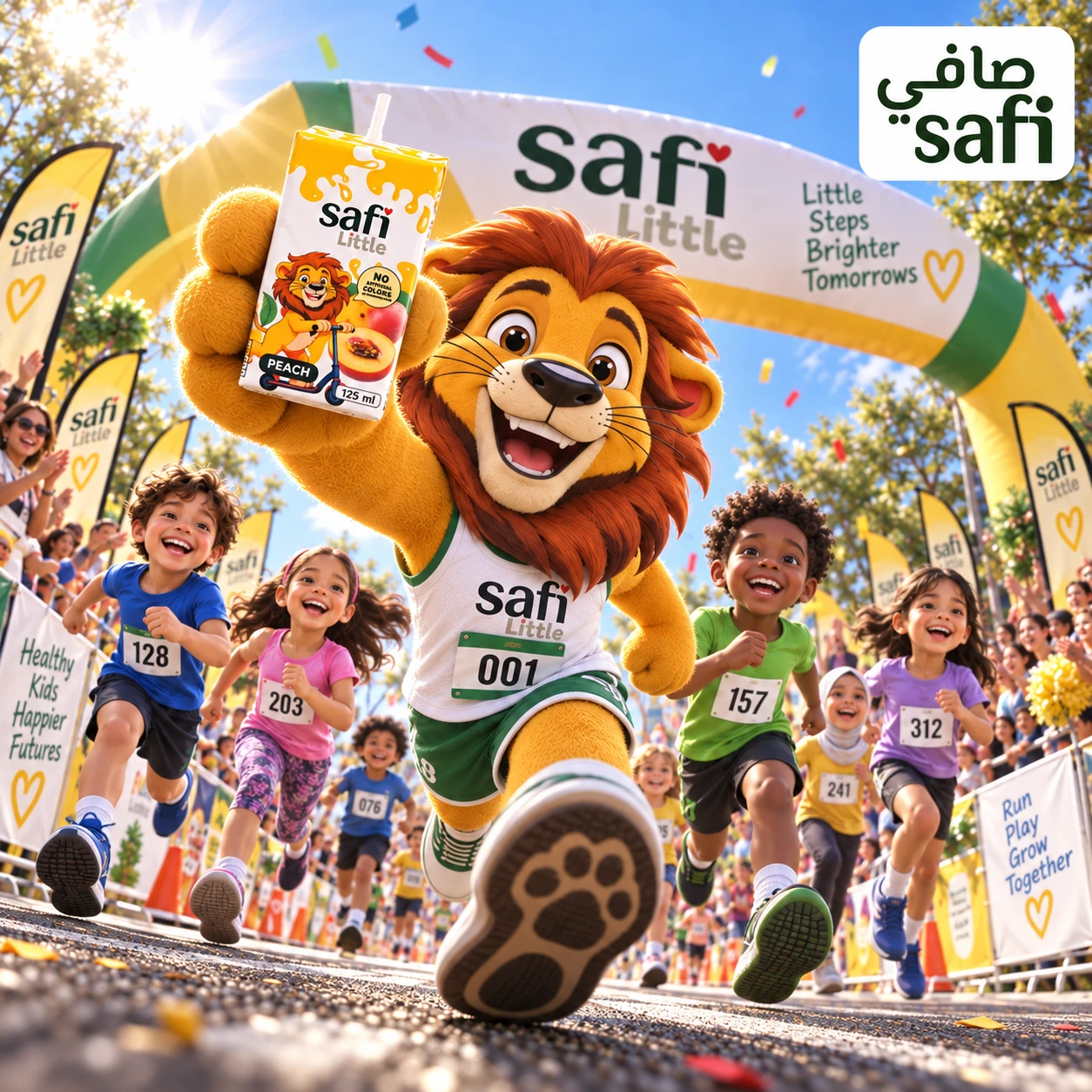 أسد صافي صغير في سباق مرح مع الأطفال