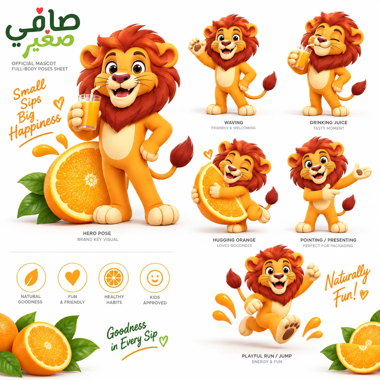 الكركتر شيت للأسد: ترحيب، شرب العصير، اللعب والتقديم