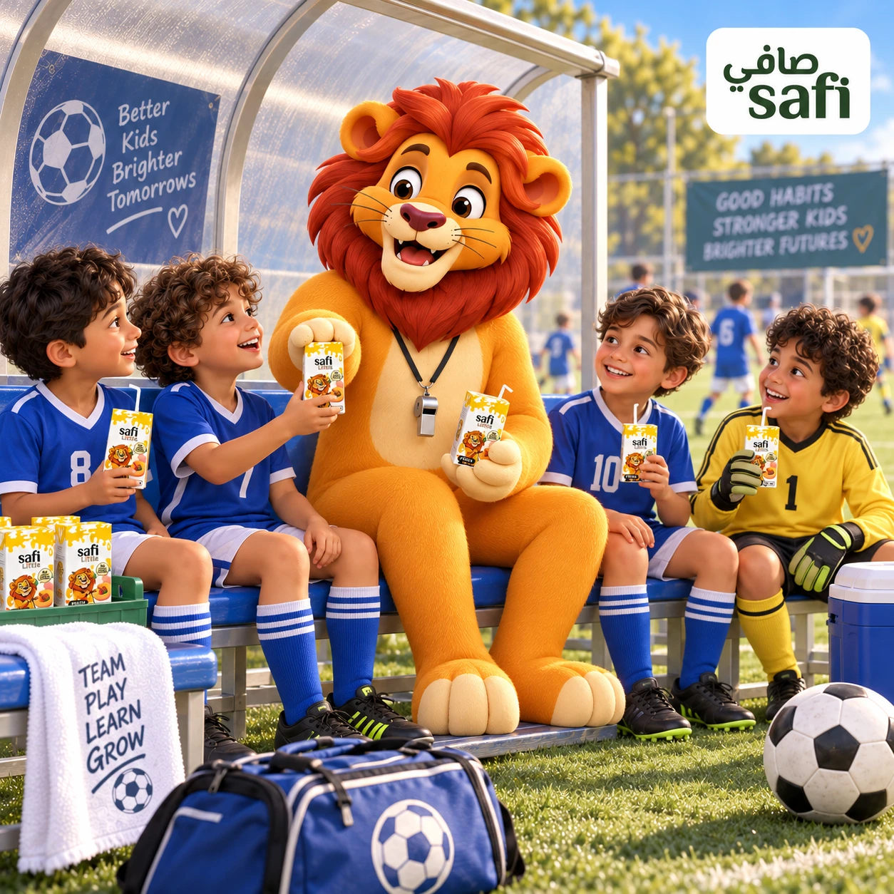 الأسد مع فريق الصغار في استراحة الملعب